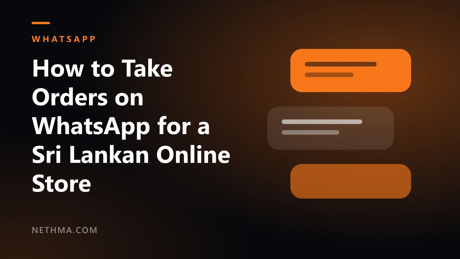 Cover for the guide on how to take orders on WhatsApp for a Sri Lankan online store, with a chat bubble icon on a dark background