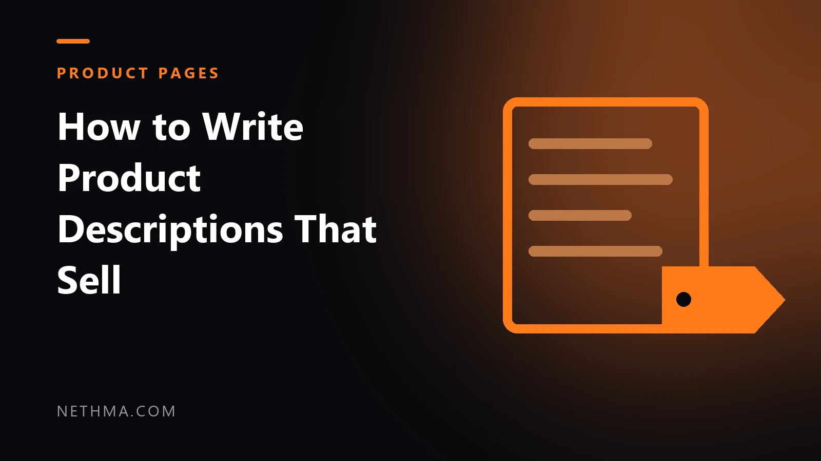 Cover for the guide on writing product descriptions, with a document and price tag icon on a dark background