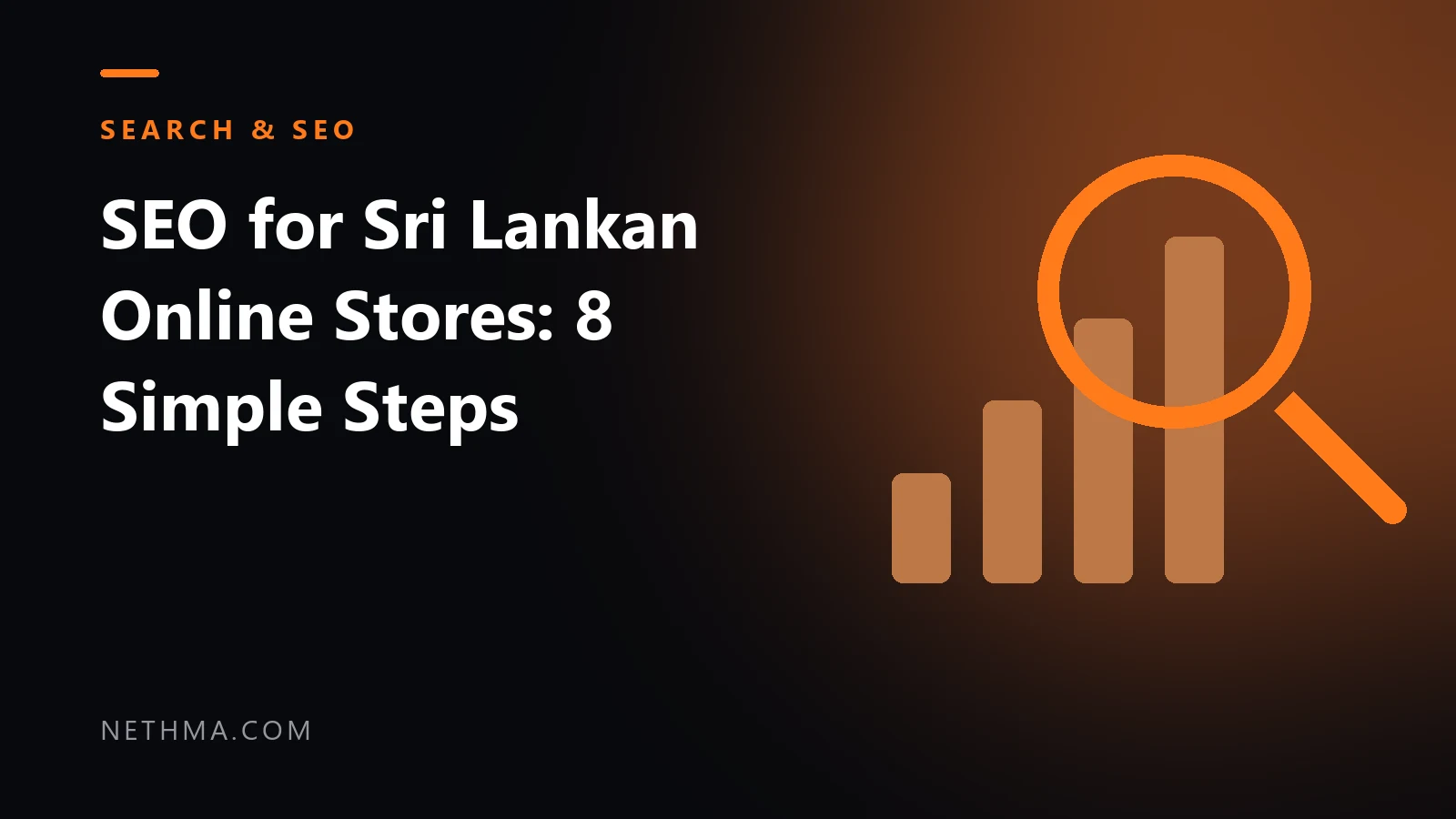 Cover for the SEO guide for Sri Lankan online stores, with a magnifying glass over a bar chart on a dark background