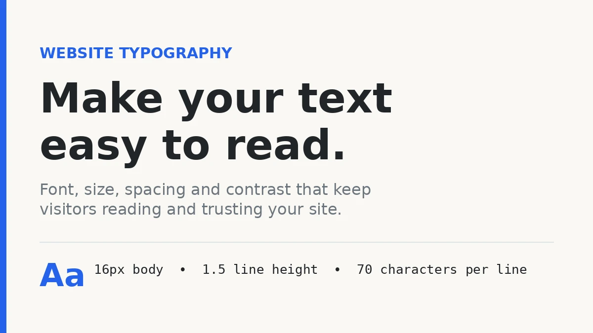 Website typography guide cover with the headline 'Make your text easy to read' and typography specs