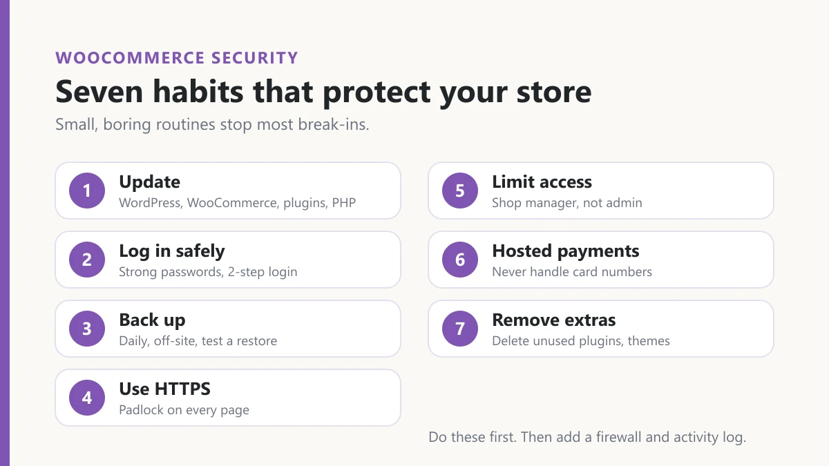 A diagram listing seven WooCommerce security habits: update, log in safely, back up, use HTTPS, limit access, use hosted payments and remove extras