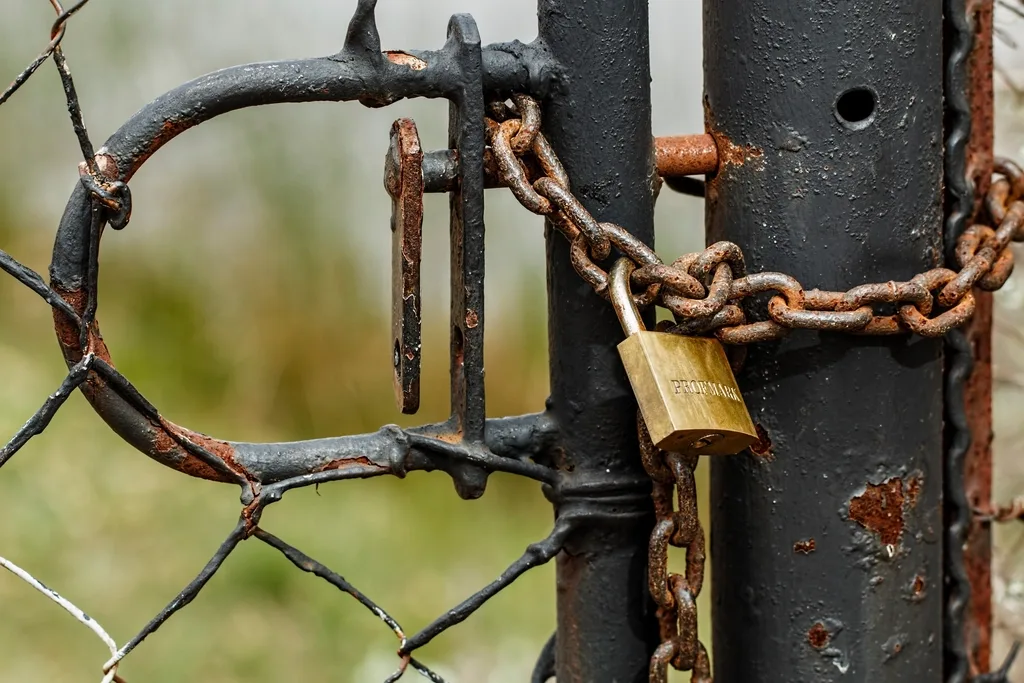 A brass padlock and chain on a rusty gate
